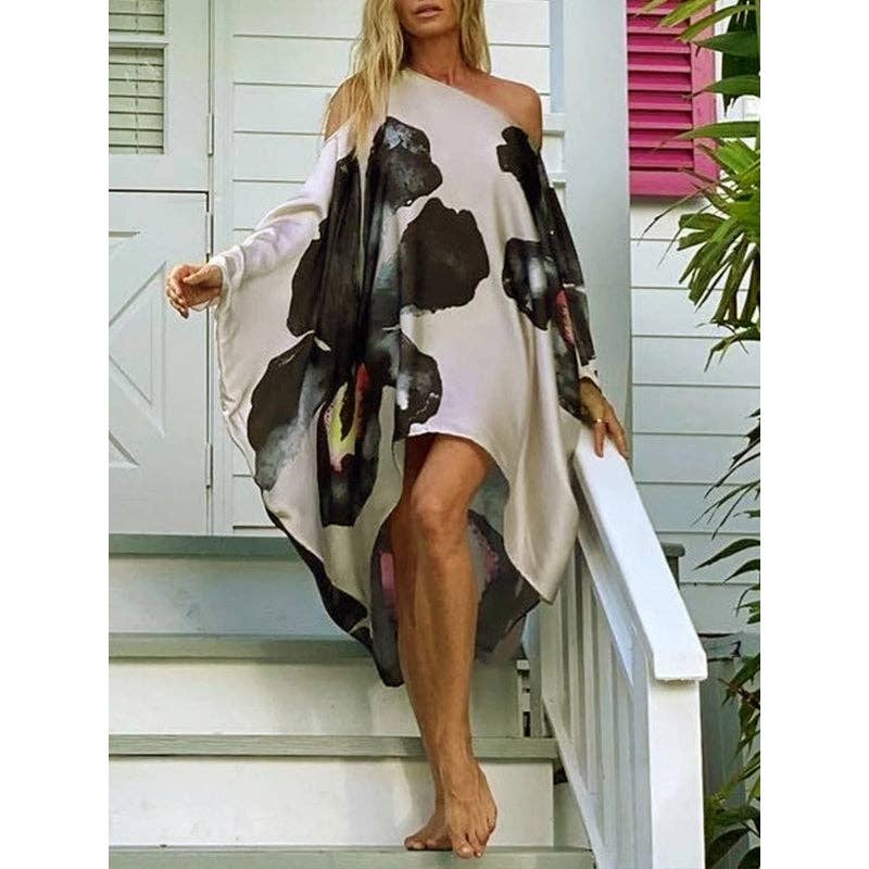 OFF WHITE Vestido longo assimétrico com estampa floral e ombros à mostra para venda a revendedores na Faire3