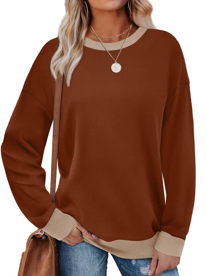 Suhkasana - Wholesale Sweatshirt - Dames - Aanpasbare Colorblock Crewneck Casual Pullover Sweatshirt8