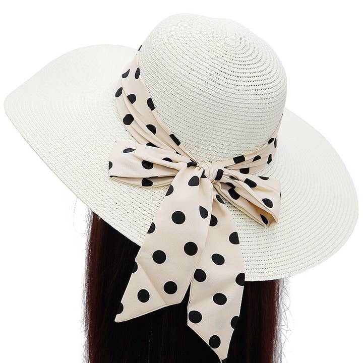 Cap Zone - Wholesale Straw Hat - Women's - Polka Dot Ribbon Tight Weave Straw Floppy Sun Hat3