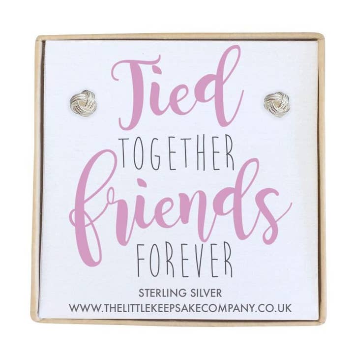 Sterling Silver Knot Quote Earrings – Tied Together, Friends Forever for wholesale by The Little Keepsake Company