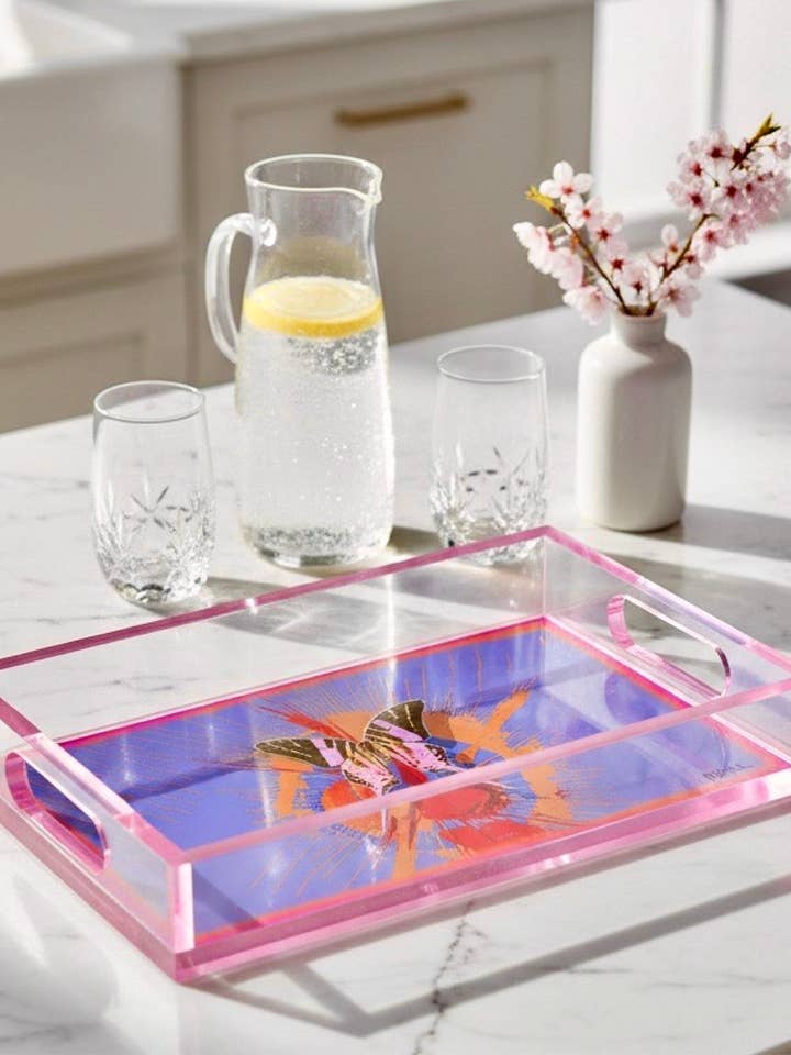 Lila & Orangefarbene Schmetterling Acryltablett – Tangerine Flight für den Großhandel von David Stesner ArtHouse