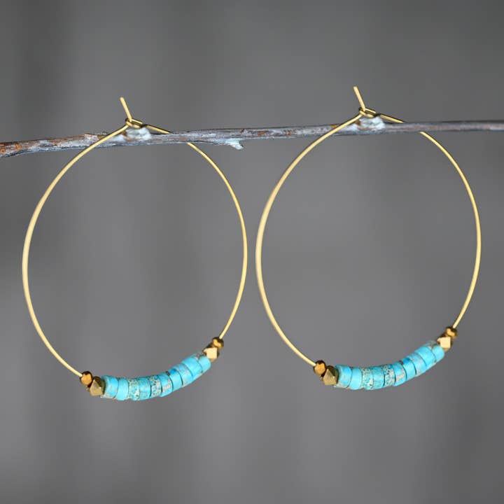 50mm Brass Hoops w/ Turquoise Jasper Earrings for wholesale by KBD Studio