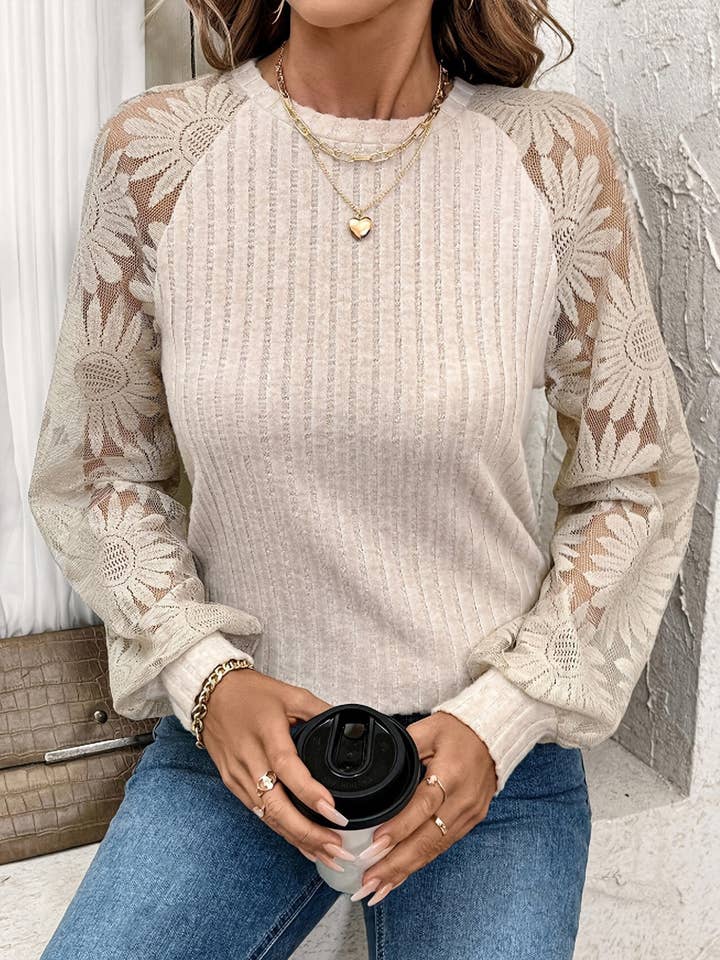 APRICOT Crew Neck Hollow Pullover Lace Panel Top for wholesale on Faire3