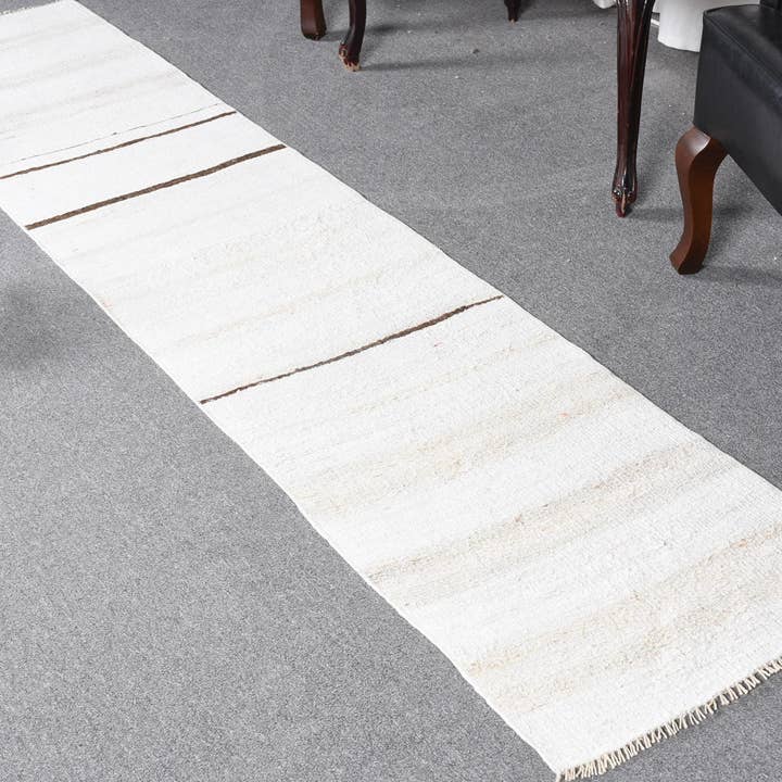 Turkish Vintage Runner Rug 1.7x8.1 ft, Kilim White Wool Rug for wholesale by Vintage Rugs Loom