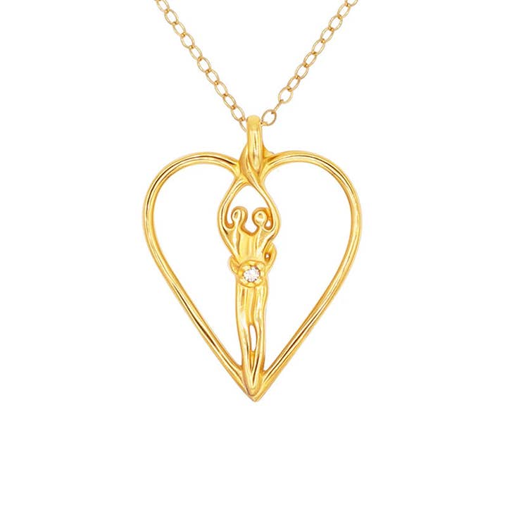 Large Soulmate Heart Necklace, .925 Genuine Sterling Silver with 14kt. Gold overlay, 18" Chain, Charm 1 ½" by 1 ¼", Clear Cubic Zirconia for wholesale by Symbol of Love Jewelry
