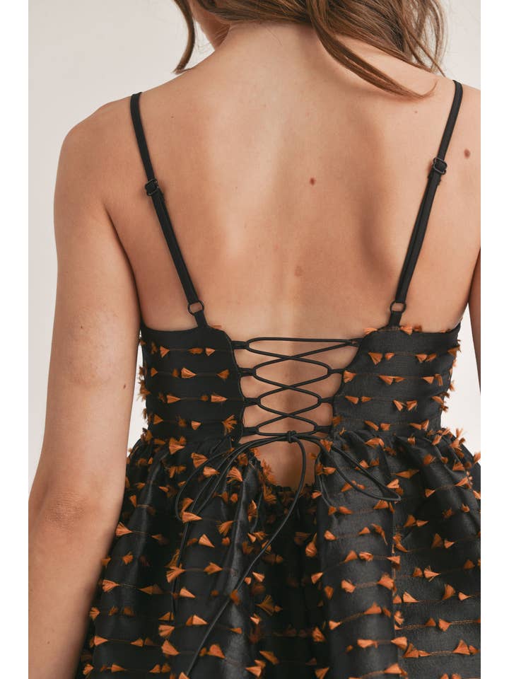 BLACK BROWN ID7139 TASSEL TEXTURED FABRIC BABY DOLL MINI DRESS for wholesale on Faire8