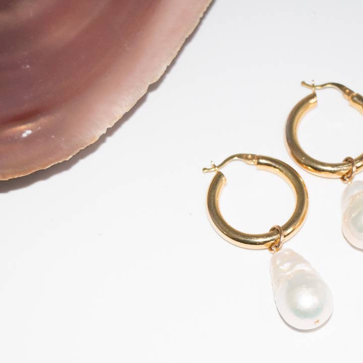 Baroque pearl chunky gold hoops for wholesale by Maddy Starred