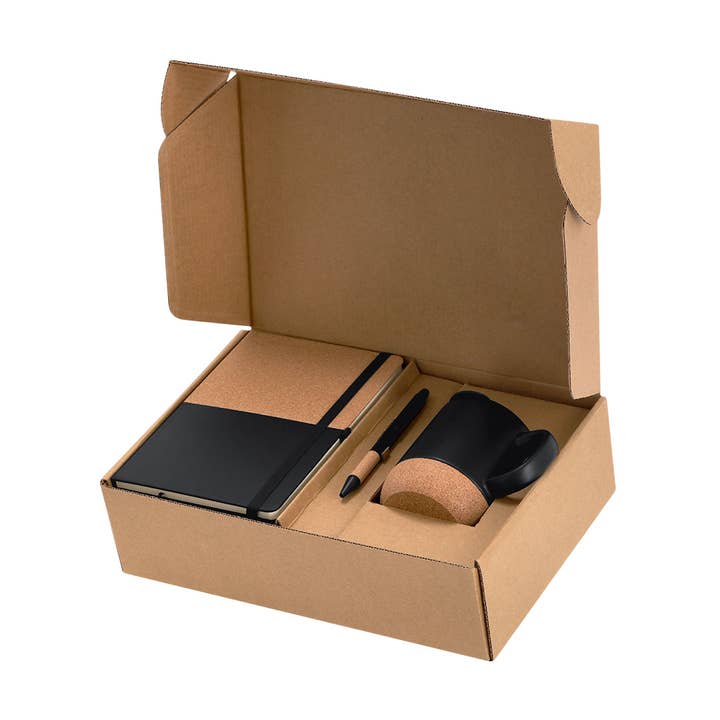 Notebook set, pen, and mug with cork base for wholesale by Fustik