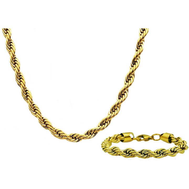Men's Gold Stainless Steel Rope Link Chain Set for wholesale by Blackjack Mens Jewelry