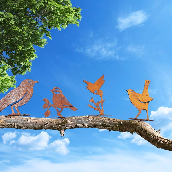 Rustic Set of 4 Birds Mounted on Fence / Branch for wholesale by California Home & Garden