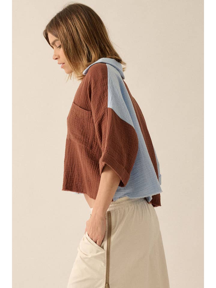 Promesa USA - Vente Chemise à col boutonné – femme - Chemise à ourlet brut en coton froissé à blocs de couleurs15