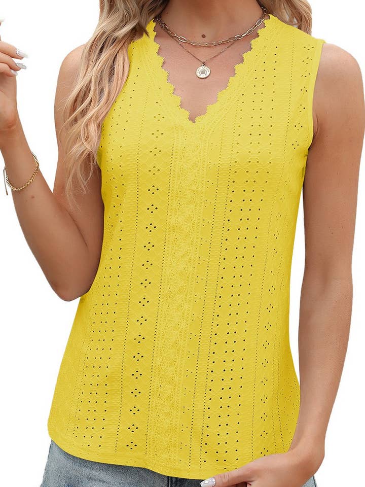Lily Clothing - Wholesale Blouse - Women's - V NECK LACE SLEEVELESS SOLID COLOR CASUAL VEST_CWTTK0255