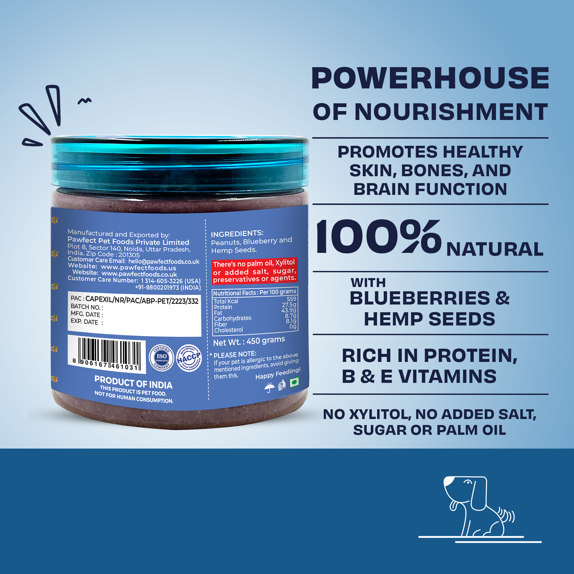 Pawfect Foods - Wholesale Pet Treats - Dog - Pawfect Peanut Butter with Blueberries & Hempseeds for Dogs & Puppies | 100% Natural | No Added Sugar, Salt, Palm Oil | No Sweeteners, No Xylitol | Healthy Dog Treat2