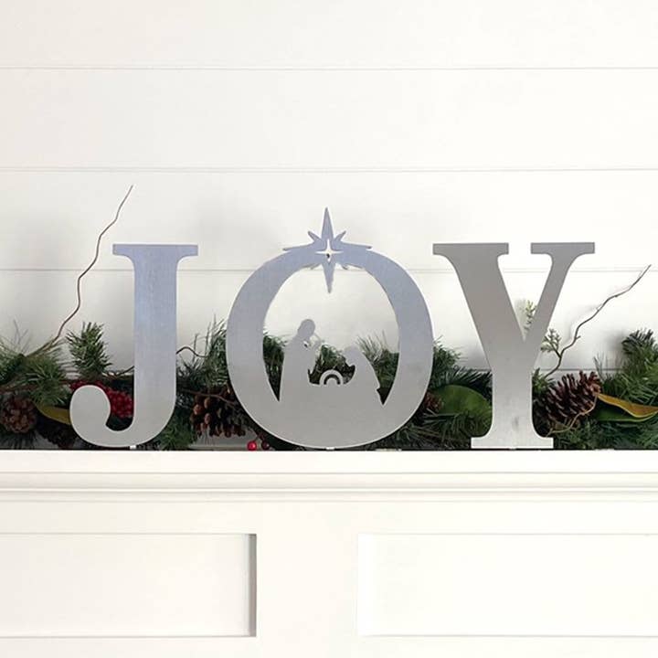 Rusted Orange Craftworks Co. - Wholesale Christmas Decoration - Joy Nativity - 3 Sizes - Metal Stand Up Joy Sign with Christmas Manger Scene0