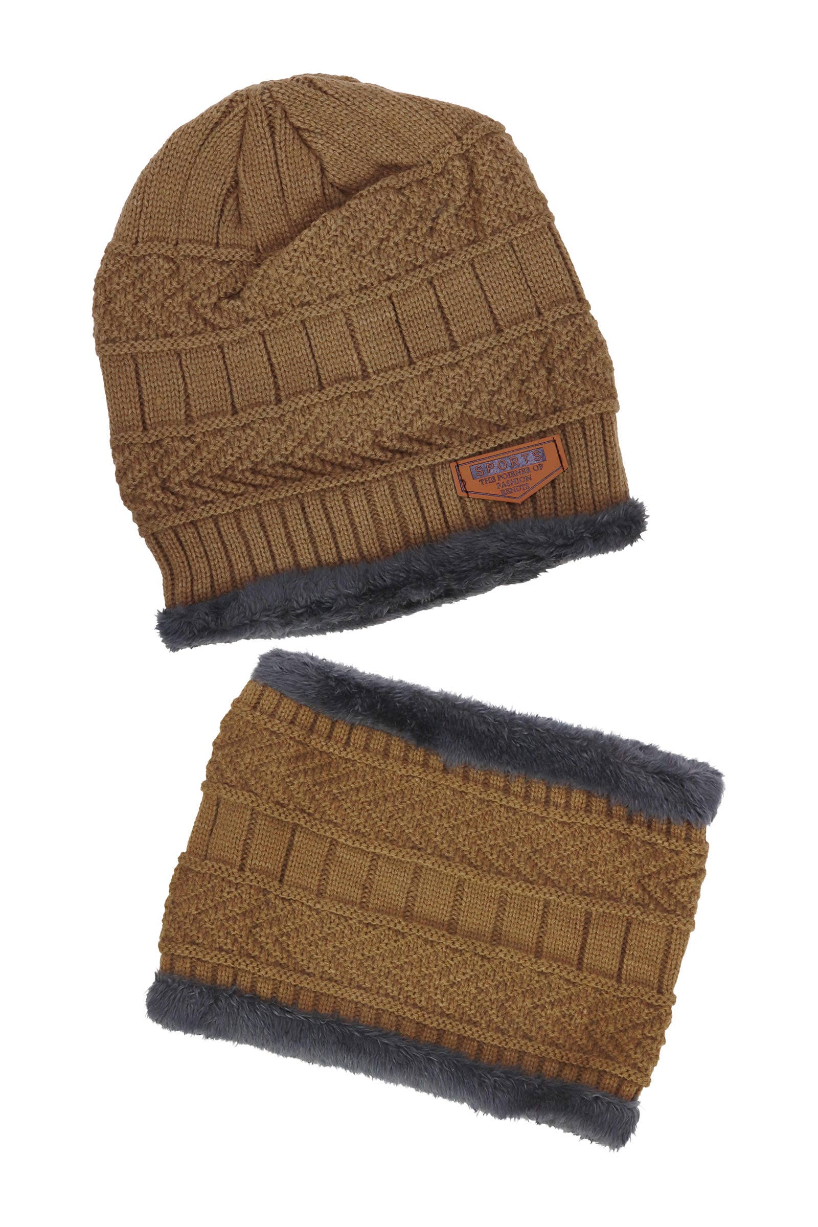 ASSORTED Dark Neutral Cable Knitted Fur Beanie Scarf - 2 Piece Set for wholesale on Faire6