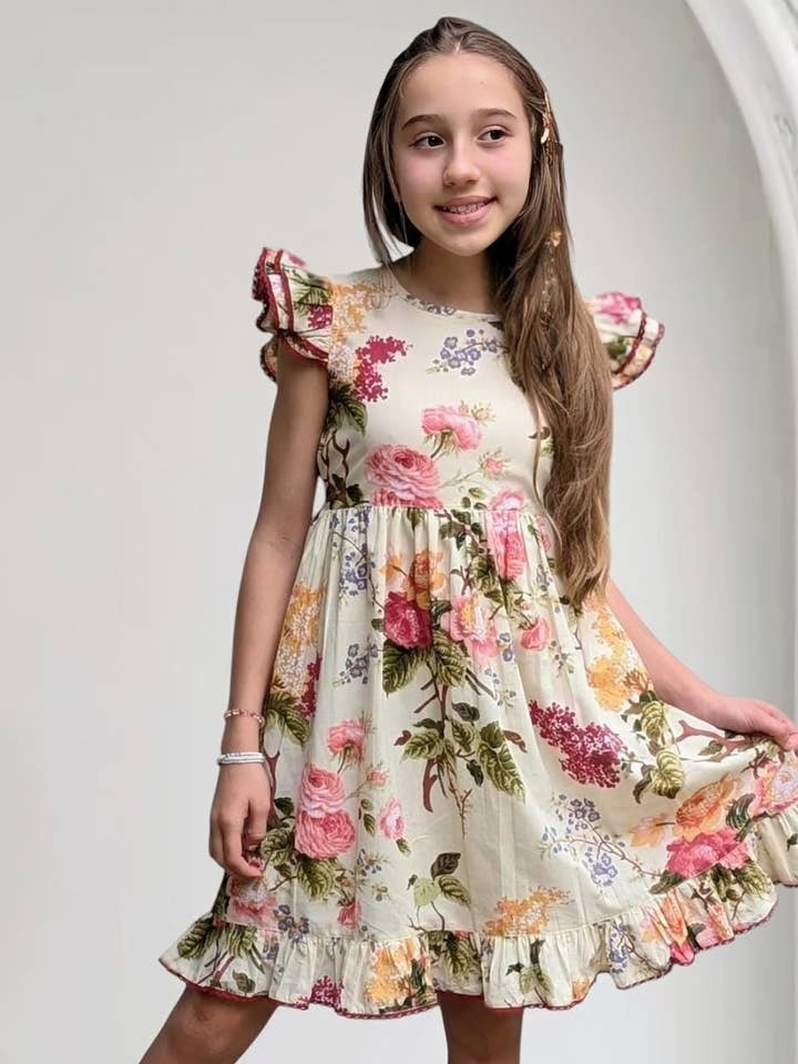 Beige Floral Dress with Lace Details for Kids and Infants for wholesale by Yo Baby