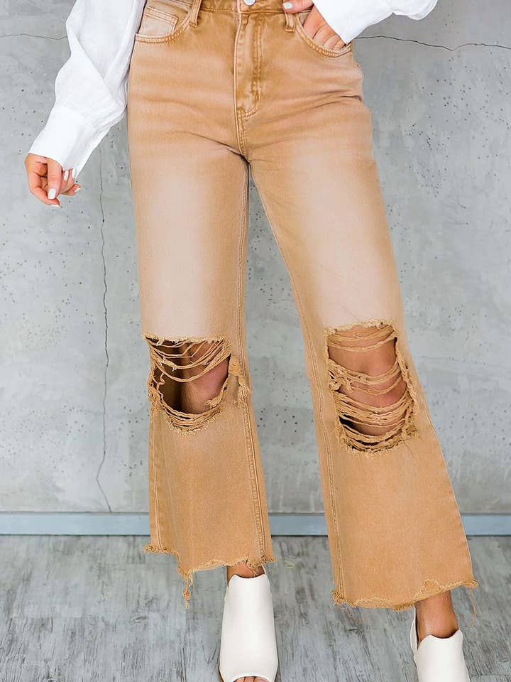 FULL TIME PURCHASE - Wholesale Jeans - Women's - Distressed Hollow-out High Waist Cropped Flare Jeans