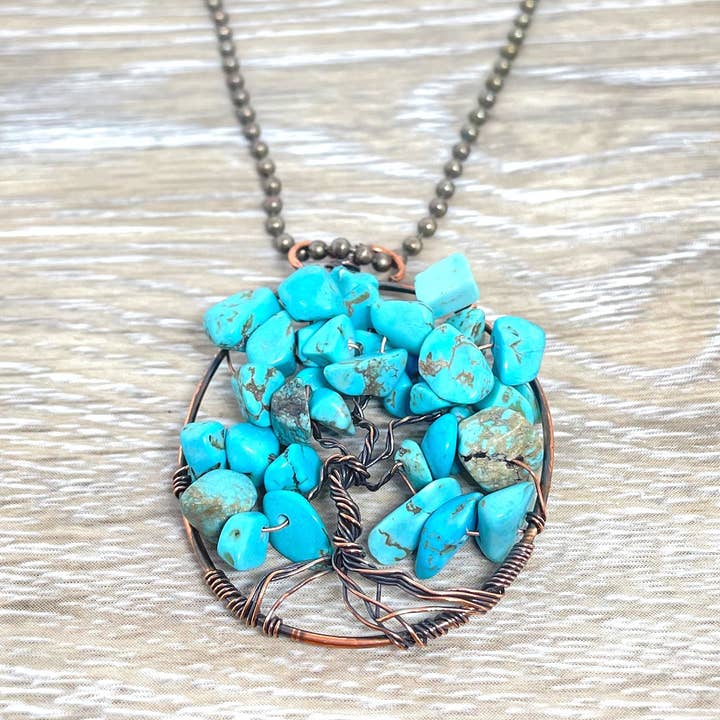 Wire Wrapped Tree of Life Pendant with Imitation Turquoise Gemstones for wholesale by Handmade by Marlayna