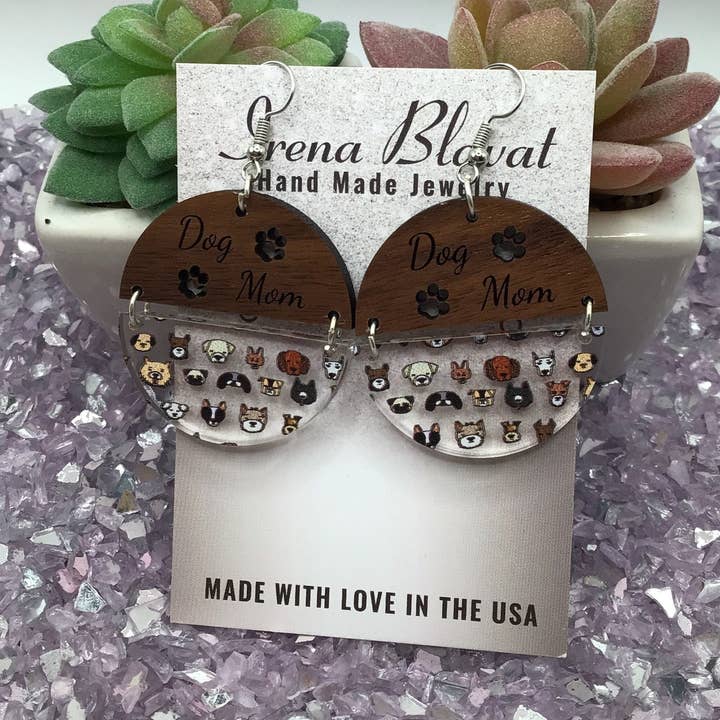 Dog Mom Wood Earrings with Dog Acrylic for wholesale by Irena Blavat Designs