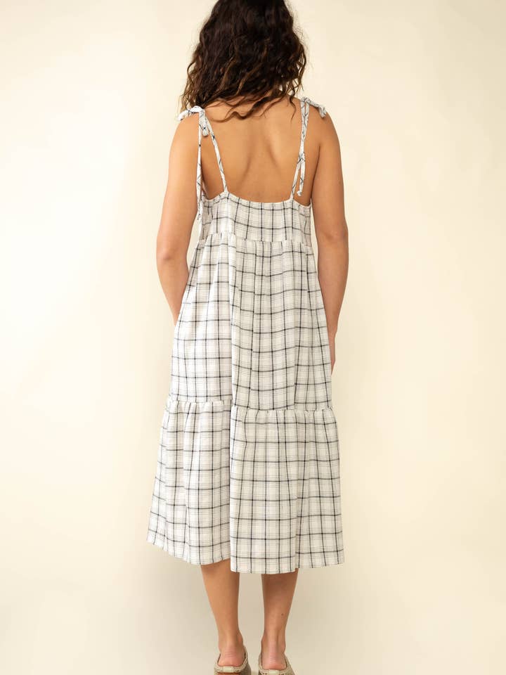 Elfenbein/Schwarz Luca Kleid mit karierten, verstellbaren Trägern und Stufenrock für den Großhandel auf Faire2