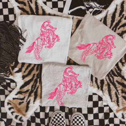 The checkered spur - Wholesale Screen Printed T-Shirt - Women's - Neon bucking horse western T-shirt