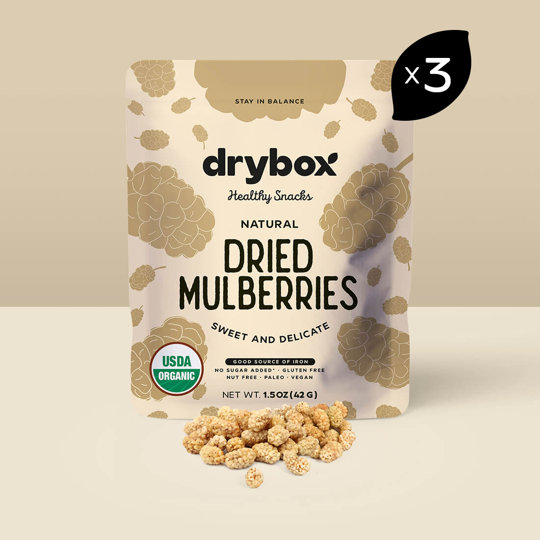 DRYBOX - Wholesale Dried/Dehydrated Fruit - Drybox Dried Mulberries 1.5oz x 12packs Portion Packs3