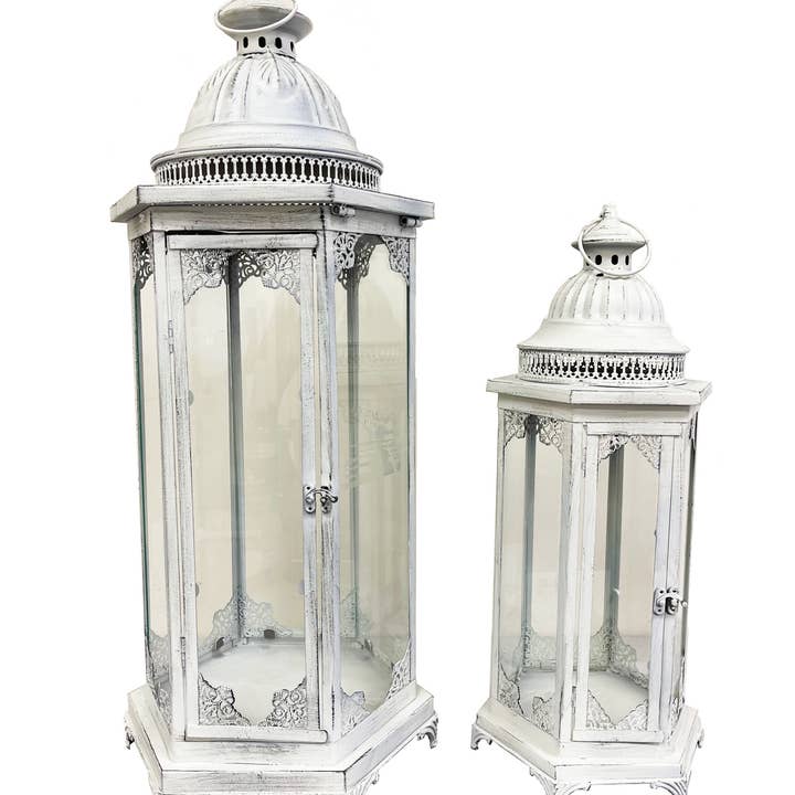 Distressed White 2 Piece Metal Lantern for wholesale by Boxman