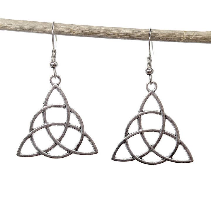 Large Trinity Celtic Knot Triangle Antique Silver Earrings for wholesale by Stylish Jewelry Supply