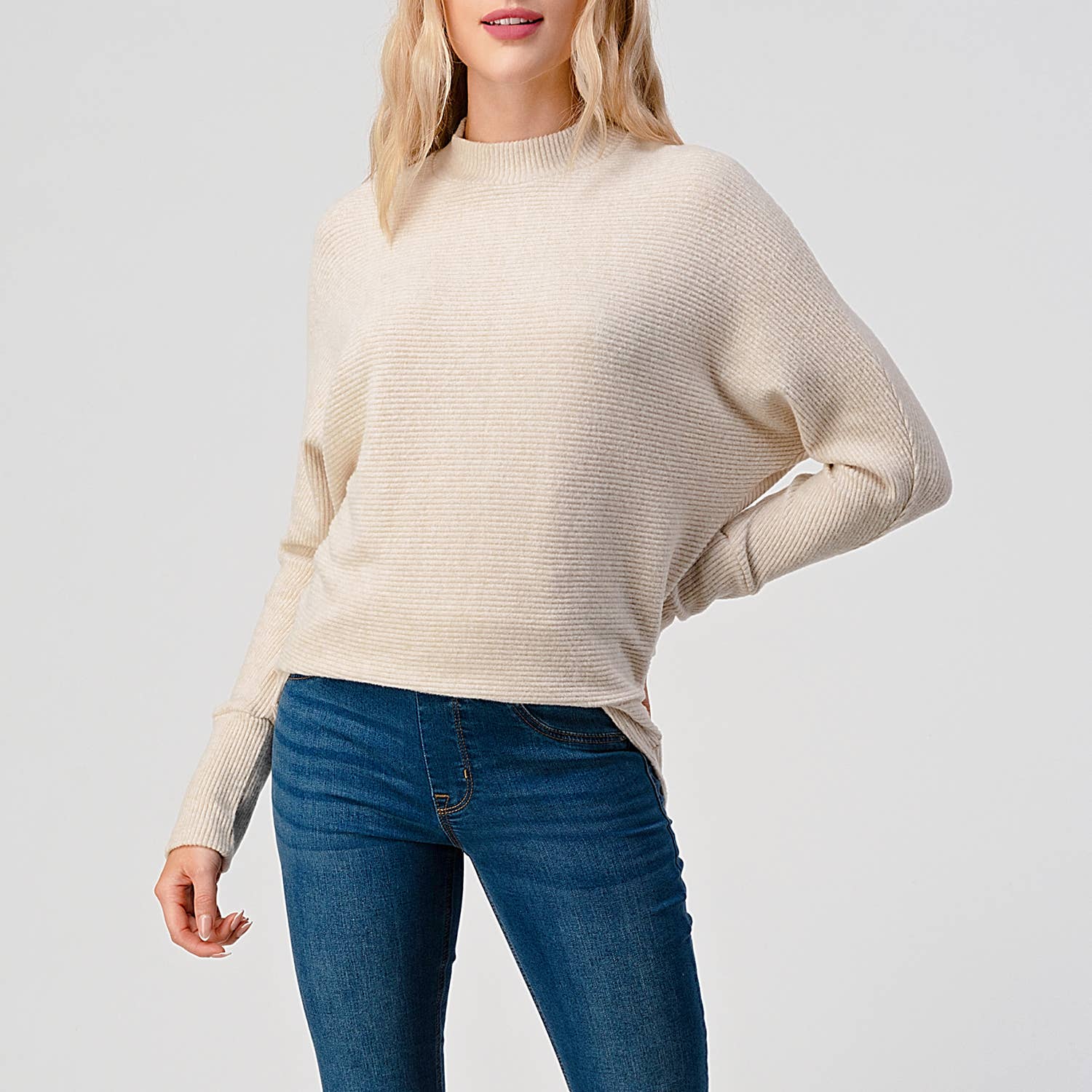 Heimious - Wholesale Knit Top - Women's - Mock Neck Long Dolman Sleeve Ribbed Knit Top, T26157