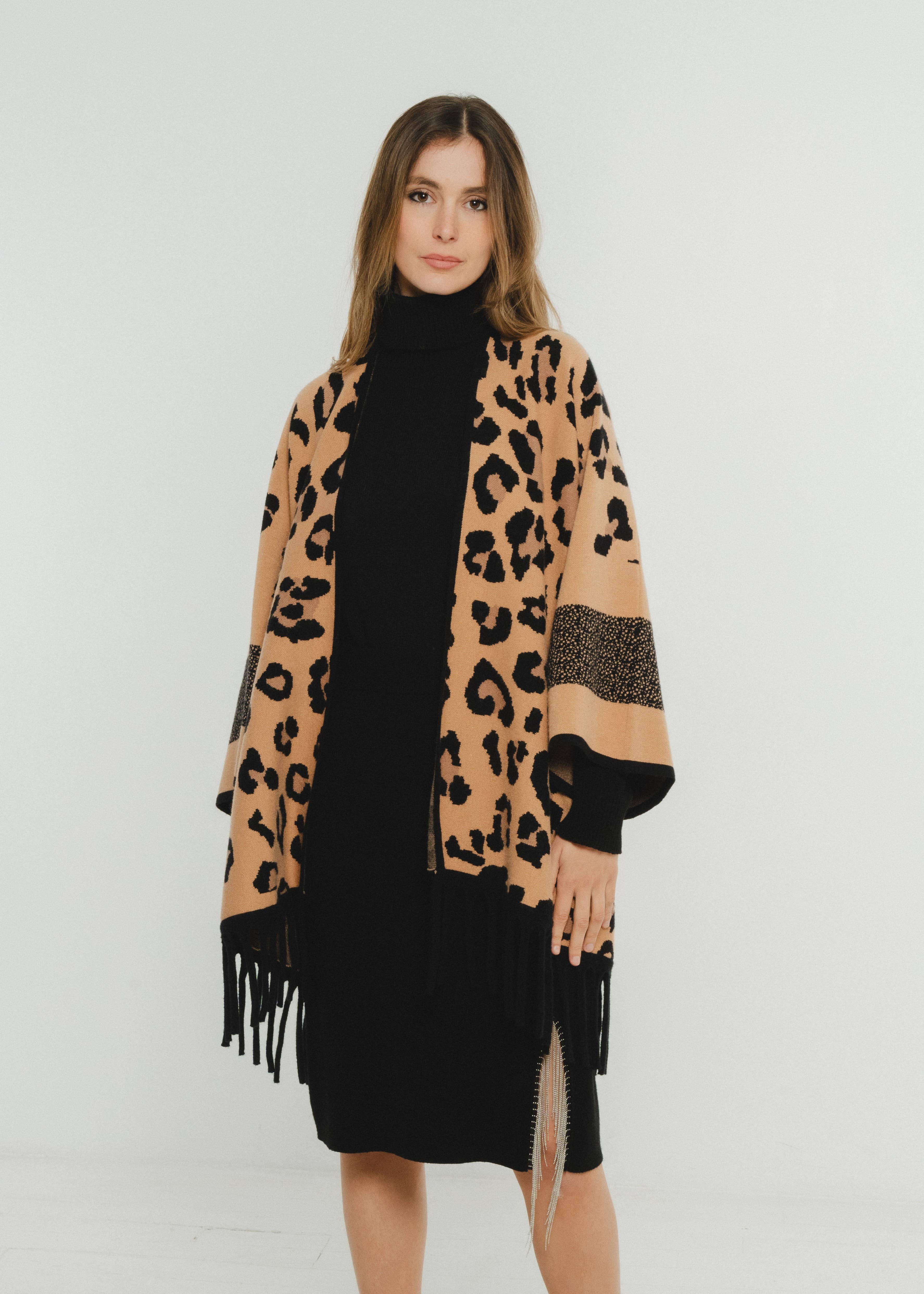 Camel Knit poncho with leopard pattern fringes for wholesale on Faire0