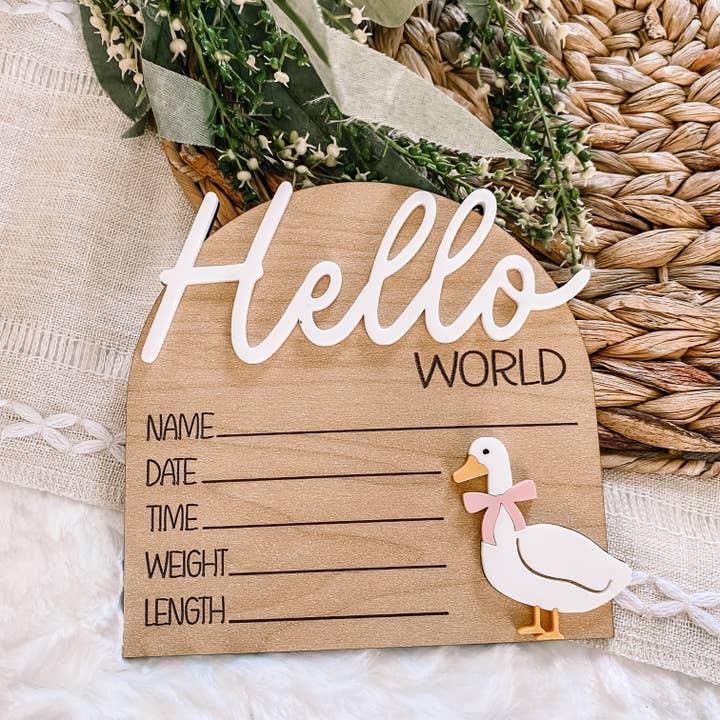 Claire and Bella - Wholesale Milestone Art/Keepsake - Kids & Baby - Hello World Birth Stat Sign - Goose with Bow3