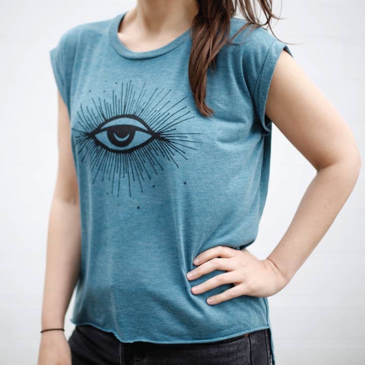 Blackbird Supply Co. - Wholesale Screen Printed T-Shirt - Women's - Hex Moon and Stars Women's Rolled Cuff Muscle Tee Deep Teal