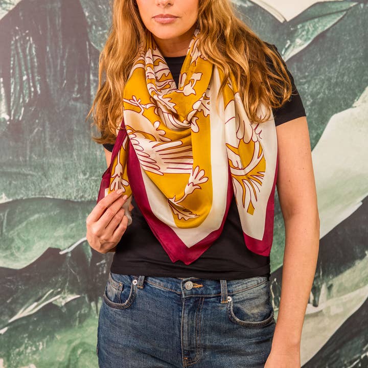 Artemis Muse – wholesale Scarf – Women's – Regal Doves & Lions Mustard Luxury Silk Scarf 120cm * 120cm 1