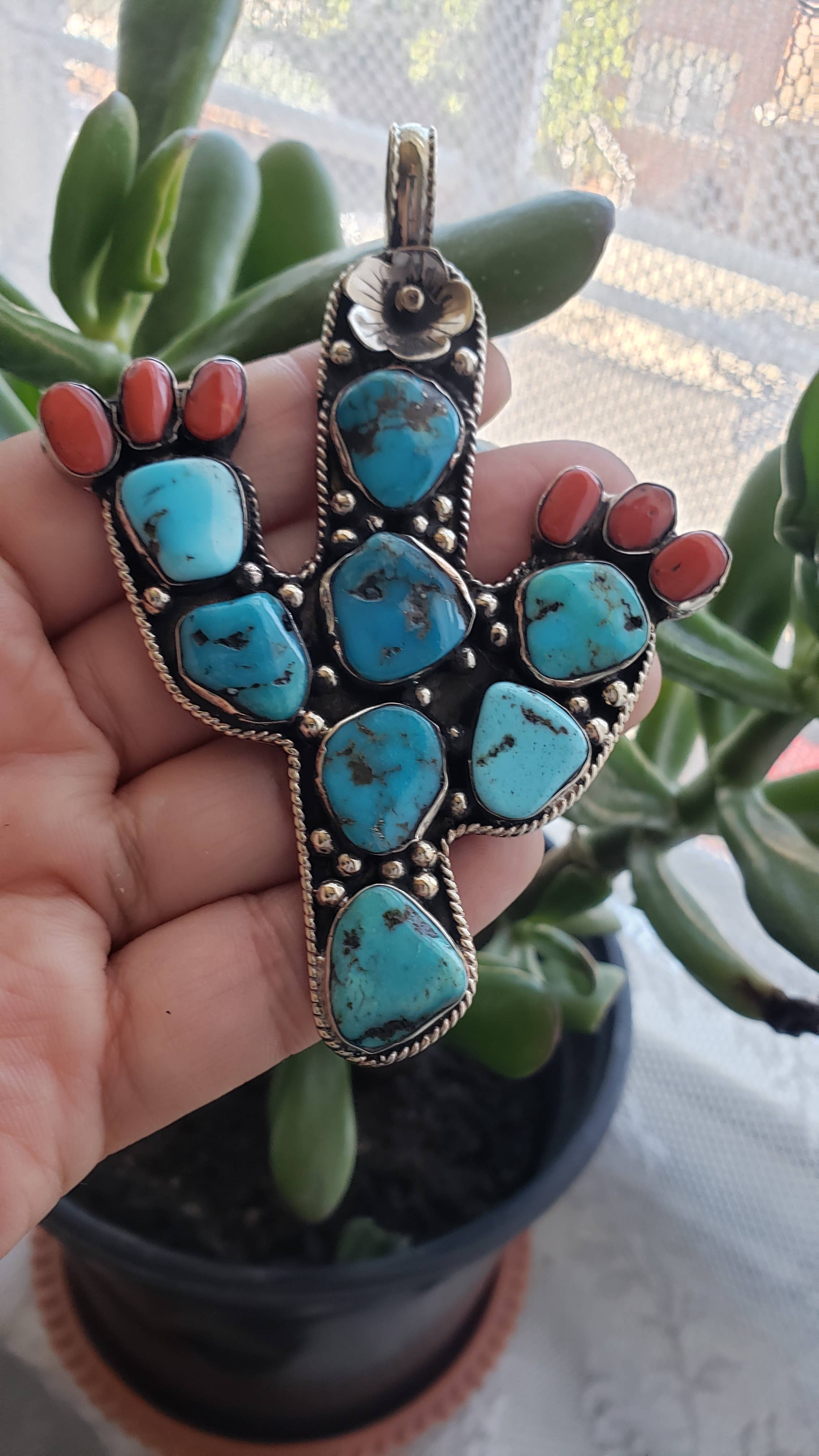 GTG Gems Corp - Wholesale Individual Charm/Pendant - Hand carved cactus pendant with natural turquoise and coral0