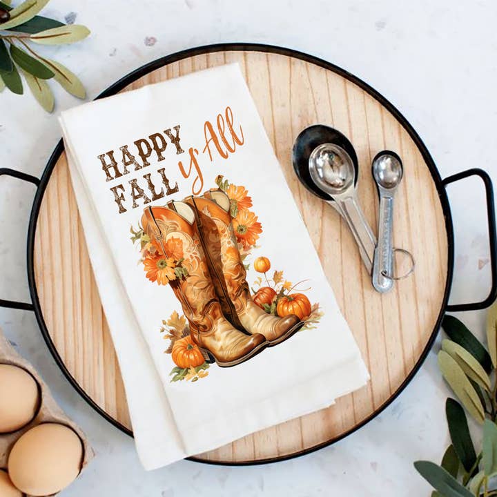 Happy Fall Y'All Cowboy Boots Western Mjölsäck Kökshandduk för wholesale av Avery Lane Gifts
