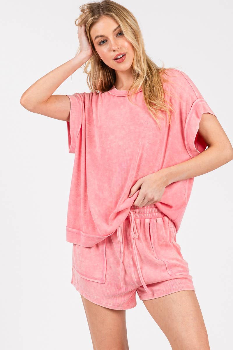 Sewn and Seen - Wholesale Lounge Set - Women's - MINERAL WASHED TOP AND SHORTS RIB SET 12