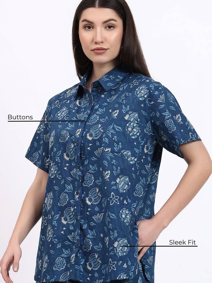 Hi Handmade - Wholesale Buttoned-down shirt – Women's - Coord Shirt Pant Set - Blue3