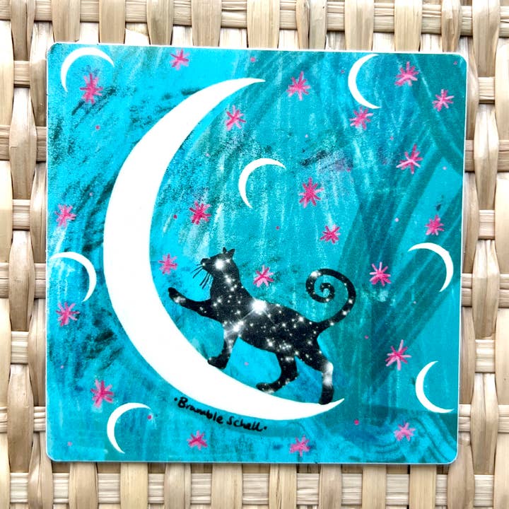 Cosmic Black Cat Vinyl Sticker for wholesale by Bramble Schell Studio