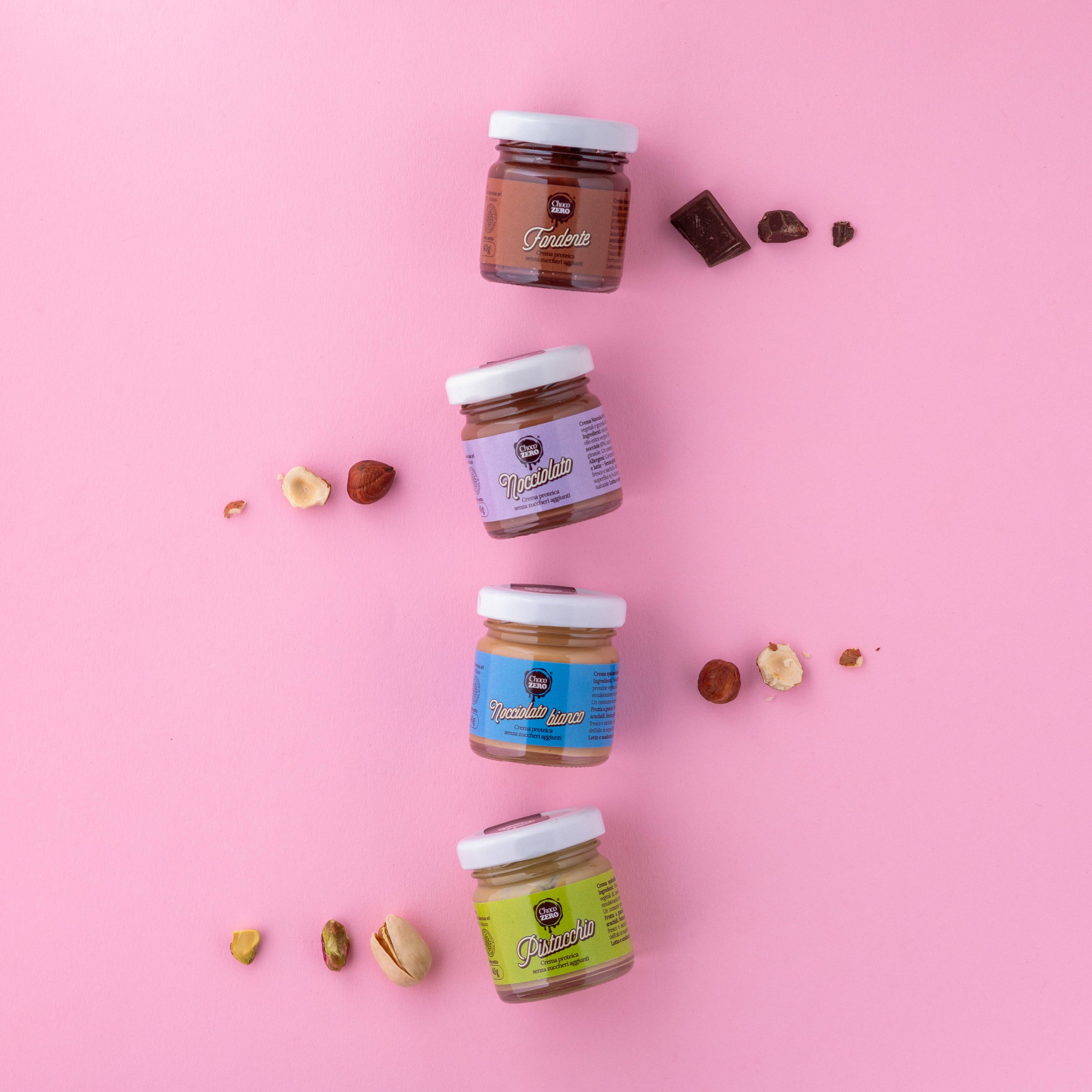 Choco Zero – wholesale Nötsmör – Mix av 4 mini bredbara krämer – hasselnöt, mörk choklad, pistage och vit hasselnöt6