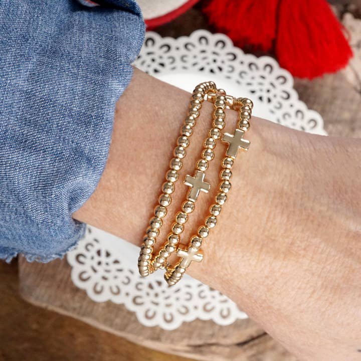 PennyLine inc - Wholesale Beaded Bracelet - Mini Sideways Cross Bracelet Set Ball Beads Gold Tone