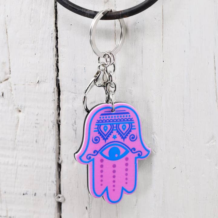 Tempest Designs – wholesale Keychain – Women's – Pink and blue patterned hand of hamsa with eye keyring