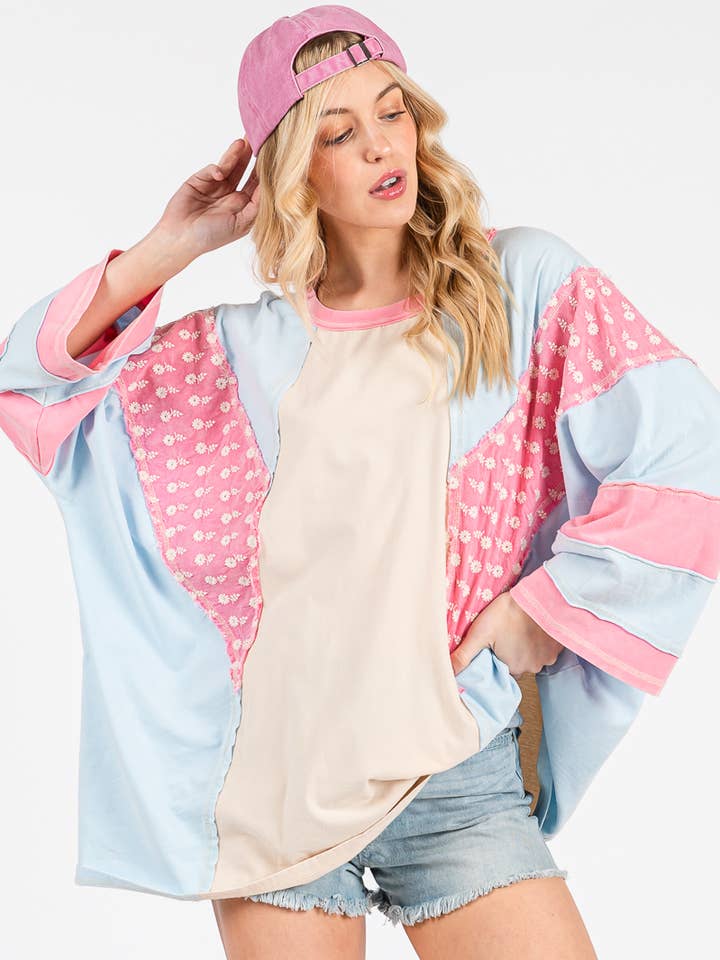 Top Oversized com Remendos Florais Lavado a Mineral por atacado de Sewn and Seen