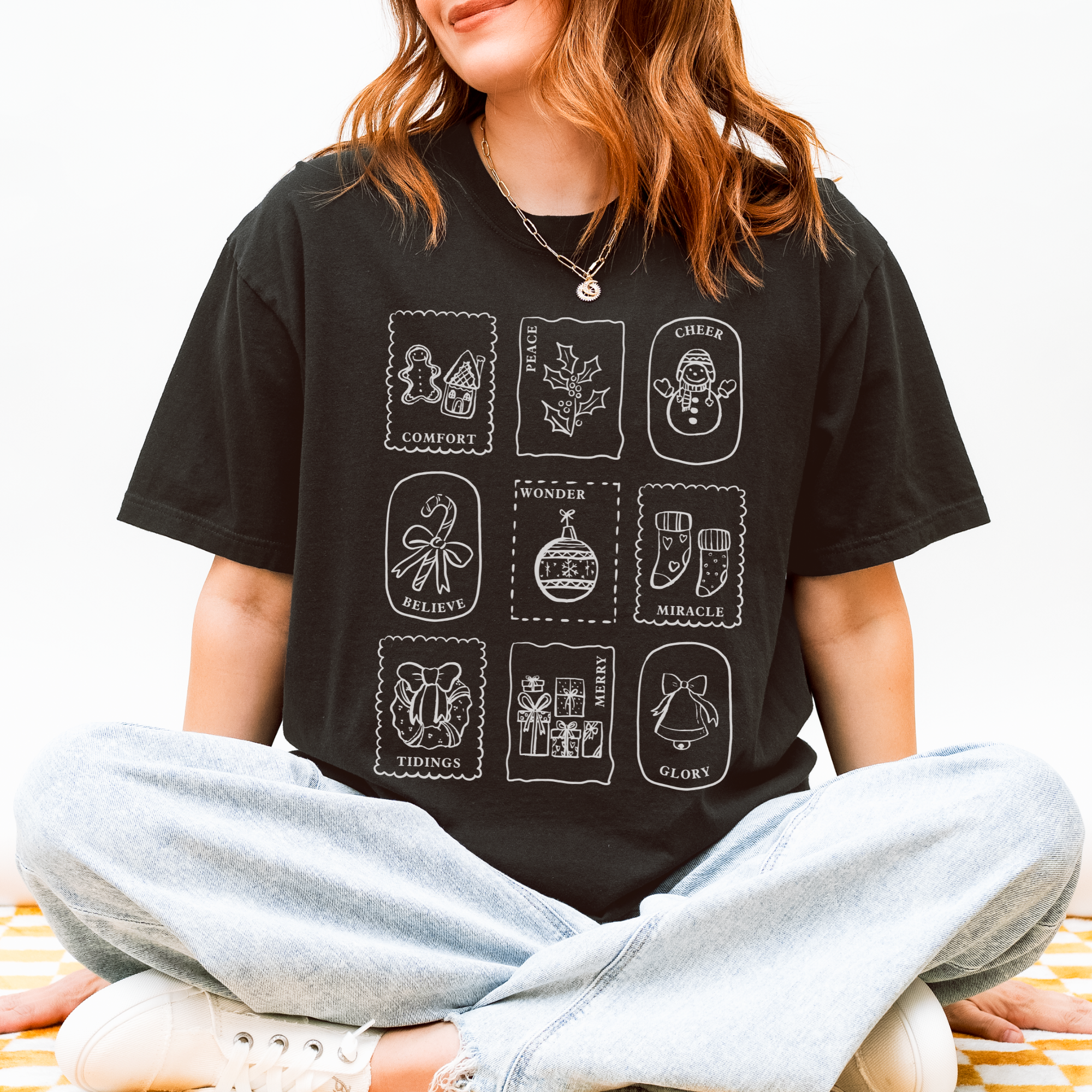 Scripted Pearl - Wholesale Screen Printed T-Shirt - Women's - Christmas Stamps Comfort Colors Holiday Graphic T Shirt5