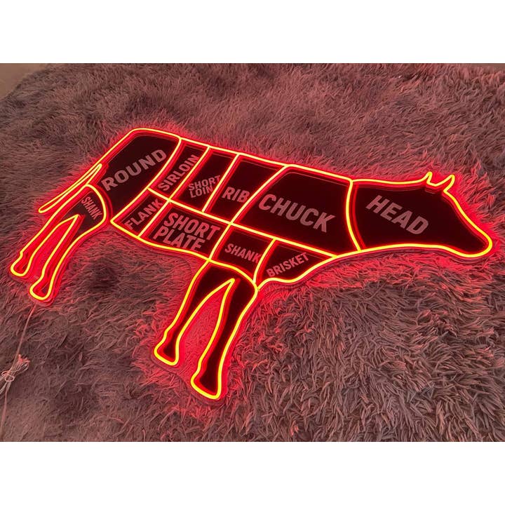 Glow Neon - Wholesale Neon sign - Map Beef Steak Cuts Cow Neon Print Sign, Beef Map Cow Neon2
