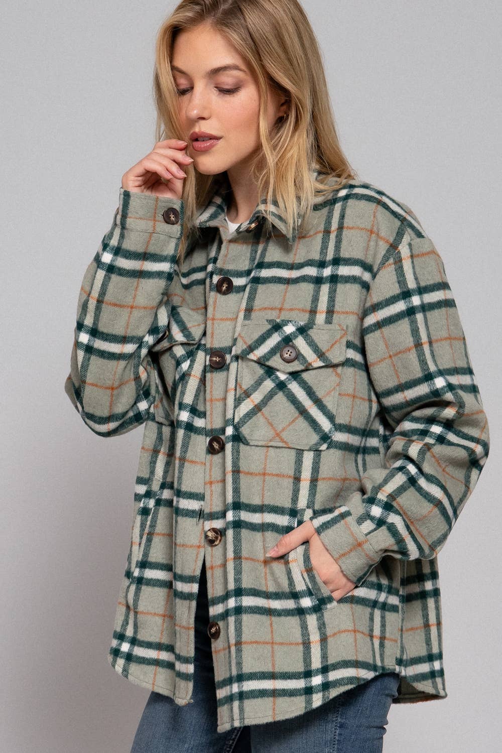 Active Basic | Active USA - Wholesale Shirt Jacket/Shacket - Women's - Long Sleeve Wool Blend Plaid Button Down Casual Jacket 22