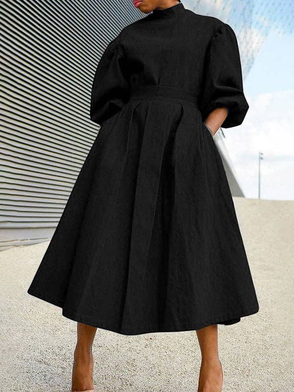 Vogue Vengeance - Wholesale Dress - Women's - A-Line Puff Sleeves Pleated Pockets Solid Color Split-Joint Mock Neck Midi Dresses