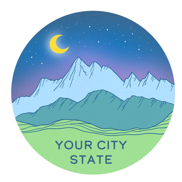 Crescent Moon Mountain Custom Name Drop Sticker for wholesale by Heirloom Design Co.