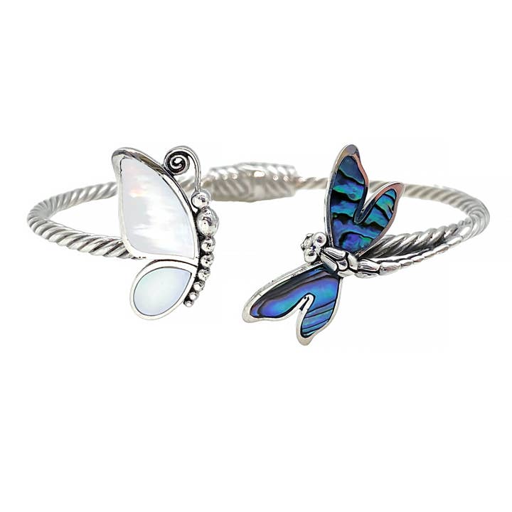 (519EMOPPAUA) Bracelet en argent avec papillon en nacre et libellule en paua pour la vente par Vera Wolf