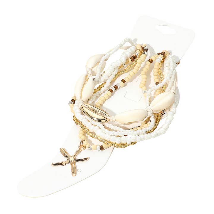 Sensibling Corp. – wholesale Jewellery set – 6PCS - Starfish Charm Accented Conch Shell Seed Beaded Multi Layered Anklets6