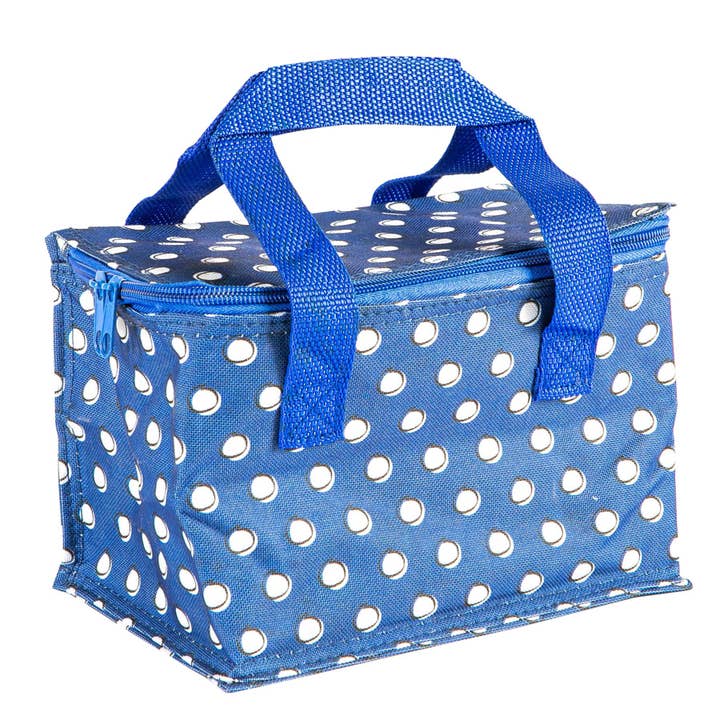Nicholas Winter isolierte Lunchtasche - Blaue Polka für den Großhandel von Rinkit Ltd
